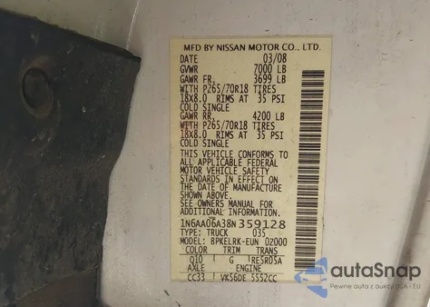 2008 Nissan Titan Le/Se/Xe из США, поврежденный, VIN 1N6AA06A38N359128